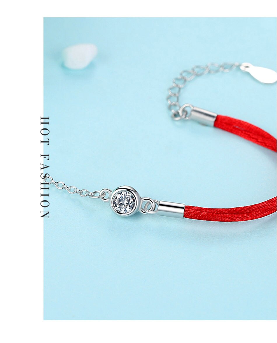 Victoriasvogue 925 Sterling Silver Bracelet for Women Crystal Round Charm Bracelets Lucky Red Thread Rope Chain Bracelet Female Jewelry