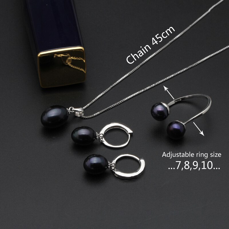 Victoria's Vogue  Real wedding black freshwater pearl jewelry set women,natural pearl sets 925 silver necklace earring anniversary gift