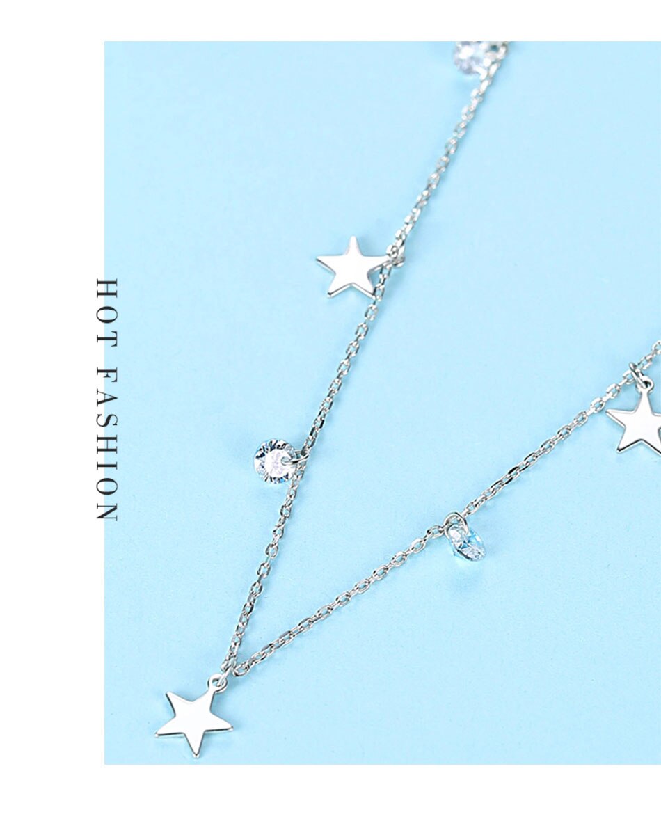 Victoriasvogue Real 100% 925 Silver Choker Rhinestone star pendant Necklace Crystal Women Chain Sterling Silver Fine Jewelry Gift