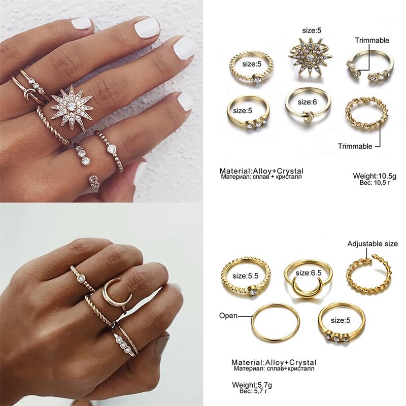 Victoriasvogue New Retro Design Crystal Star Moon Ring Set Women's Ring Bohemian Jewelry Victoriasvogue New Retro Design Crystal Star Moon Ring Set Women's Ring Bohemian Jewelry