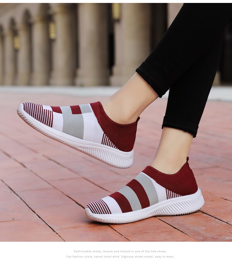 Victoria's Vogue Women's Casual Vulcanized Shoes Woman Mesh Sneakers Women Knitted Flat Ladies Slip On Female Footwear Size 42 Feminino Zapatos