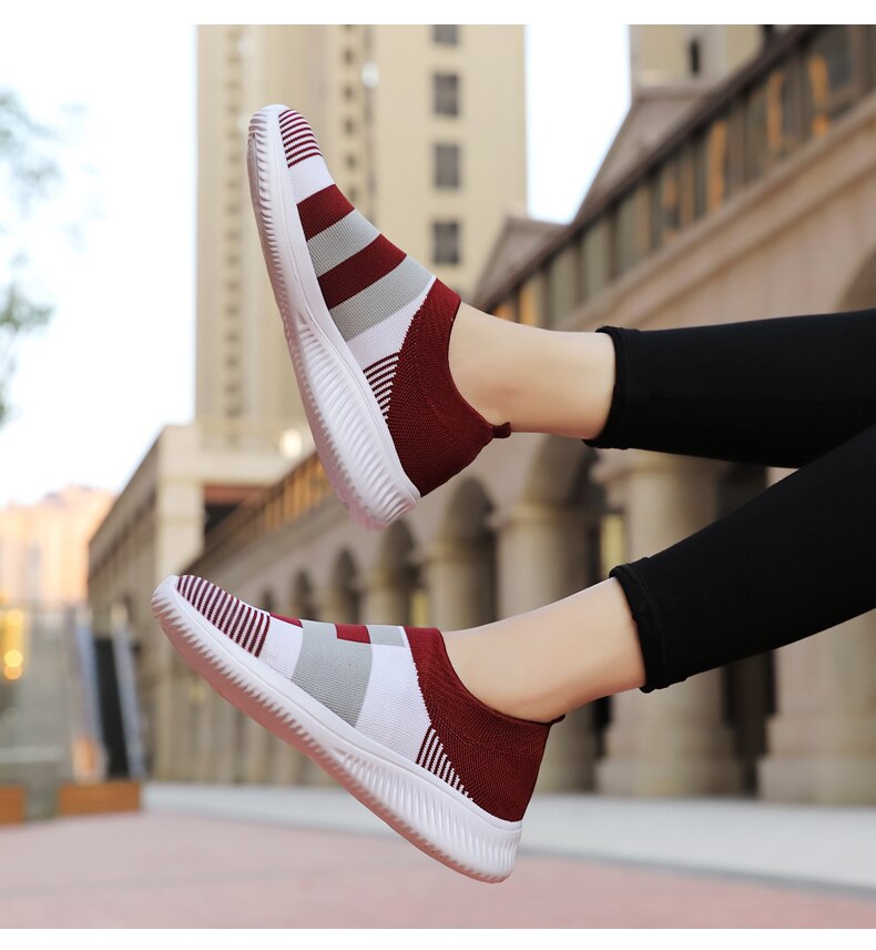 Victoria's Vogue Women's Casual Vulcanized Shoes Woman Mesh Sneakers Women Knitted Flat Ladies Slip On Female Footwear Size 42 Feminino Zapatos