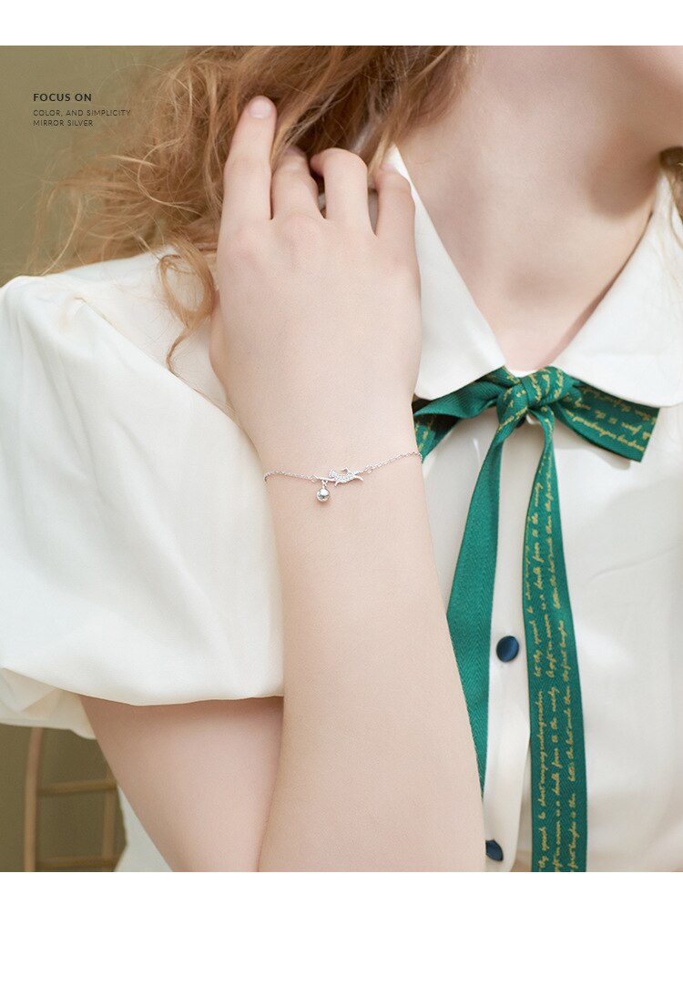 Victoria's Vogue New Cute Flash Crystal Cat Playing Ball Round Bell 925 Sterling Silver Jewelry Personality Luxury Women Gift Bracelets
