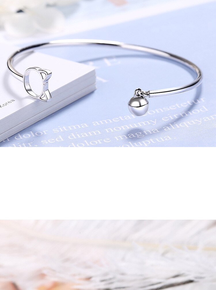 Victoria's Vogue New Arrival Fashion Simple Cute Cat Bell Braclets Female 925 Sterling Silver Jewelry Personality Animal Opening Bangles
