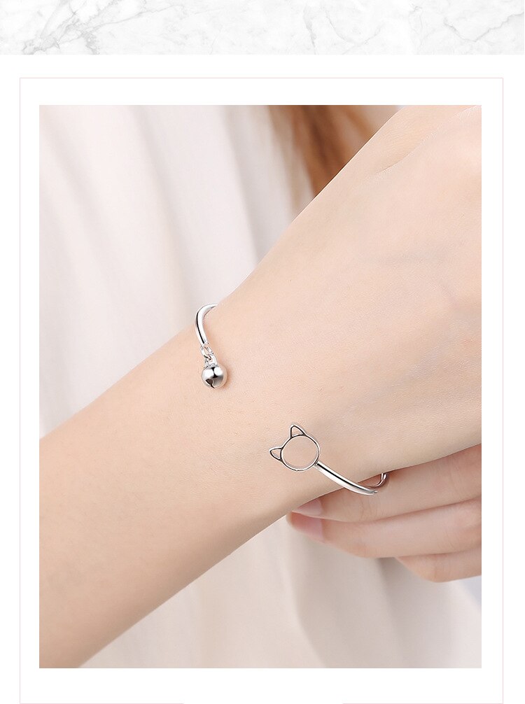 Victoria's Vogue New Arrival Fashion Simple Cute Cat Bell Braclets Female 925 Sterling Silver Jewelry Personality Animal Opening Bangles