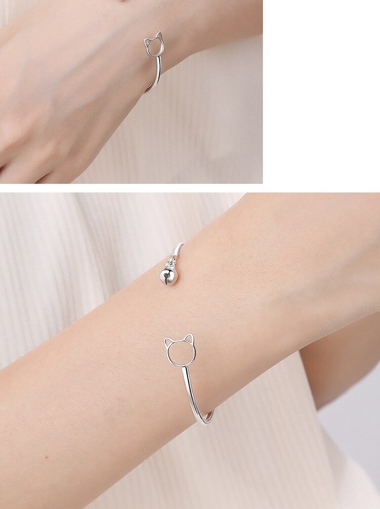 Victoria's Vogue New Arrival Fashion Simple Cute Cat Bell Braclets Female 925 Sterling Silver Jewelry Personality Animal Opening Bangles