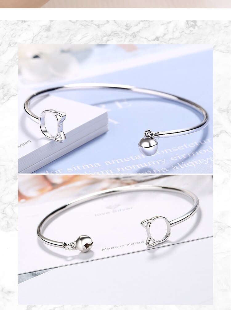 Victoria's Vogue New Arrival Fashion Simple Cute Cat Bell Braclets Female 925 Sterling Silver Jewelry Personality Animal Opening Bangles