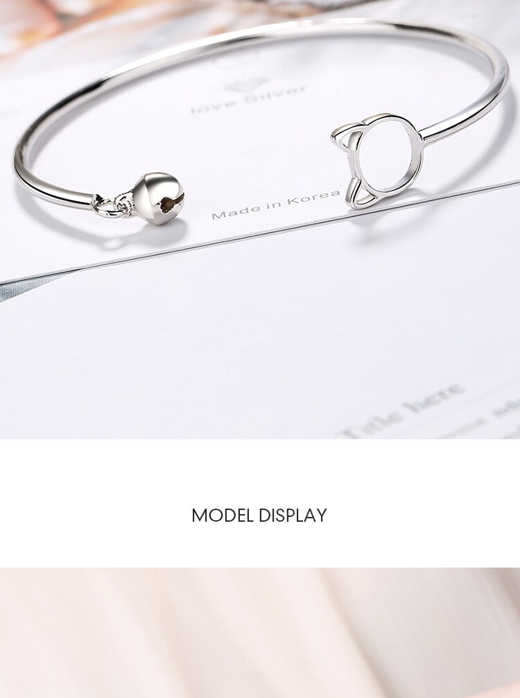 Victoria's Vogue New Arrival Fashion Simple Cute Cat Bell Braclets Female 925 Sterling Silver Jewelry Personality Animal Opening Bangles