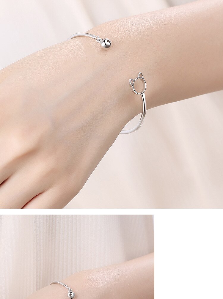 Victoria's Vogue New Arrival Fashion Simple Cute Cat Bell Braclets Female 925 Sterling Silver Jewelry Personality Animal Opening Bangles