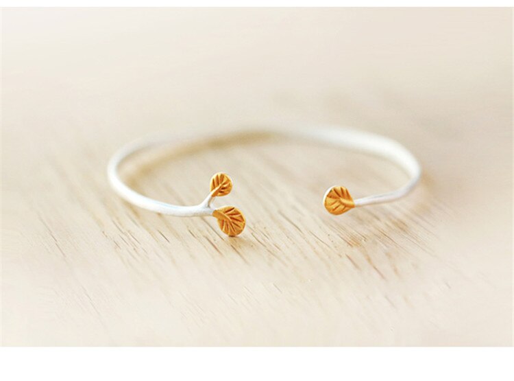 Victoria's Vogue Creative Personality Korean Style Fashion 925 Sterling Silver Jewelry Bracelets Leaf Branch Golden Leaves Bangles