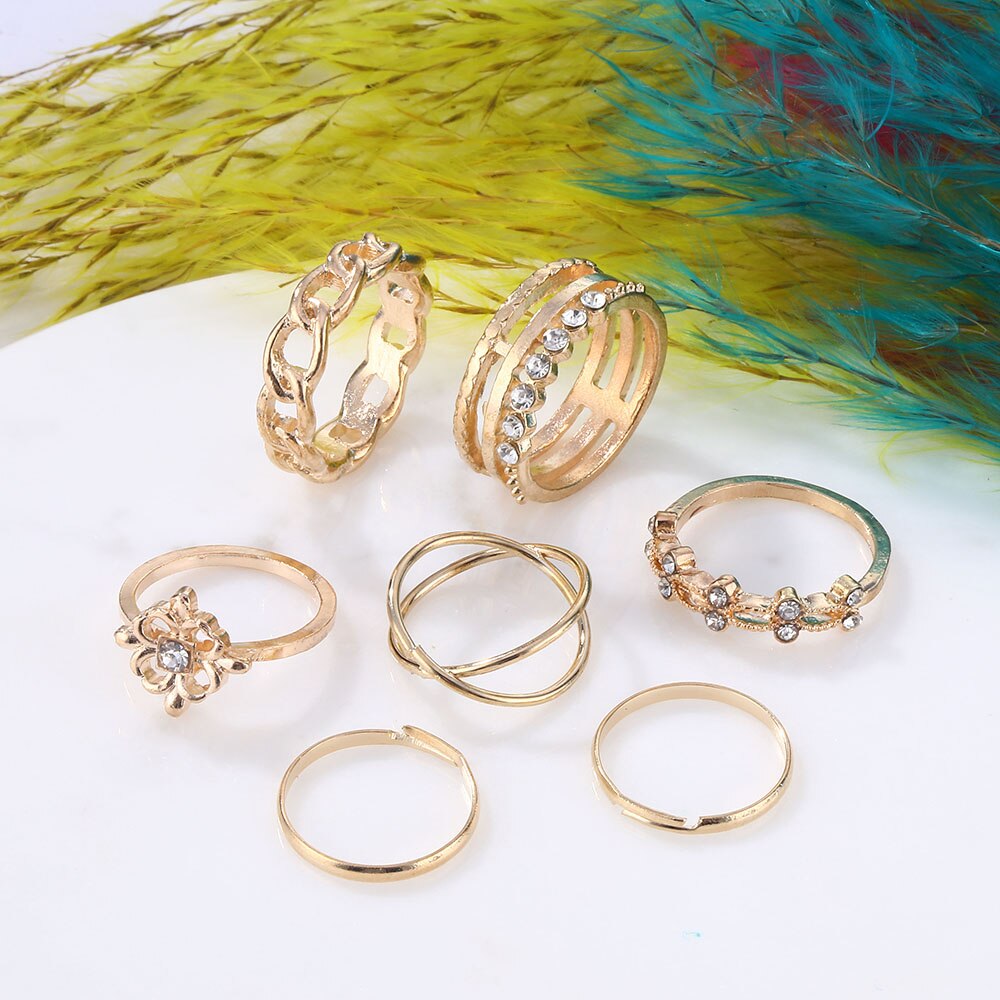 Victoriasvogue Punk Gold Crystal Flower Circle Finger Ring Set For Women Ladies Wedding Party Engagement Band Accessories jewelry