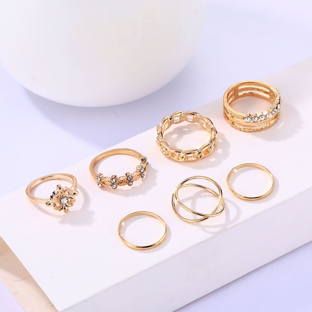 Victoriasvogue Punk Gold Crystal Flower Circle Finger Ring Set For Women Ladies Wedding Party Engagement Band Accessories jewelry