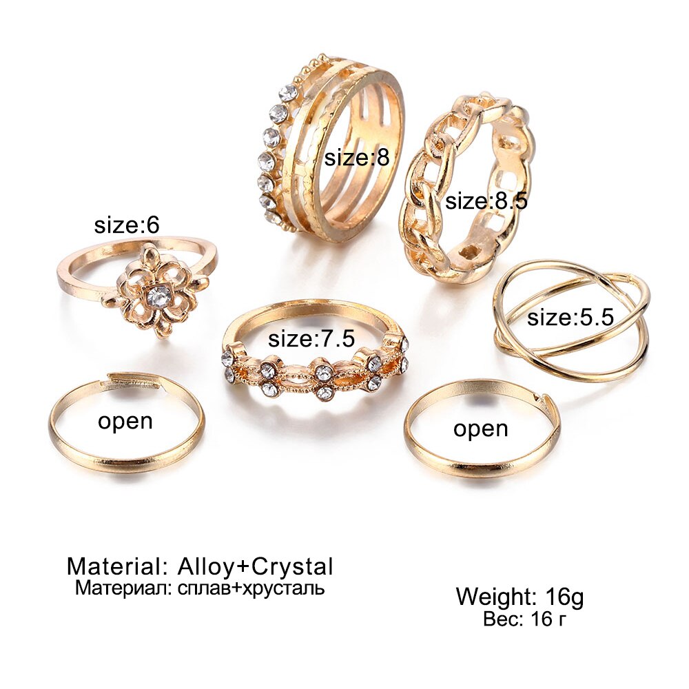 Victoriasvogue Punk Gold Crystal Flower Circle Finger Ring Set For Women Ladies Wedding Party Engagement Band Accessories jewelry