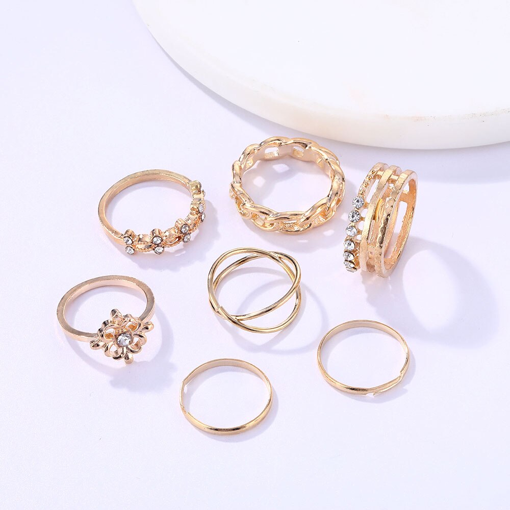 Victoriasvogue Punk Gold Crystal Flower Circle Finger Ring Set For Women Ladies Wedding Party Engagement Band Accessories jewelry
