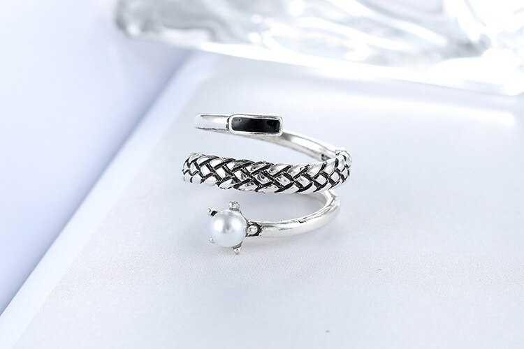 Victoria's Vogue European Style New Women Snake Pattern 925 Sterling Silver Jewelry Retro Personality Pearl Fashion Opening Rings Victoria's Vogue European Style New Women Snake Pattern 925 Sterling Silver Jewelry Retro Personality Pearl Fashion Opening Rings