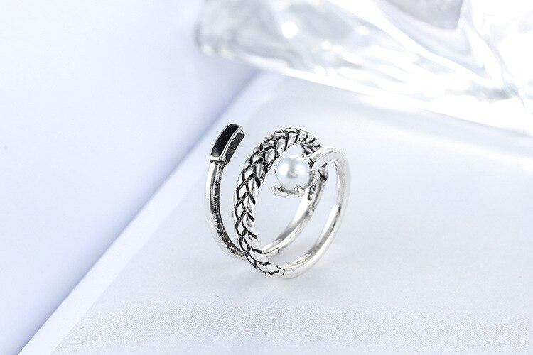 Victoria's Vogue European Style New Women Snake Pattern 925 Sterling Silver Jewelry Retro Personality Pearl Fashion Opening Rings