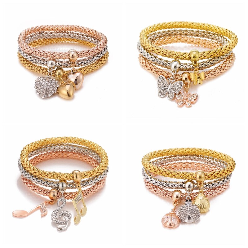 Victoriasvogue 3Pcs/Set Crystal Alloy Bracelet Love Butterfly Musical Note Beetle Chain Bracelet Cute Jewelry Accessories for Women