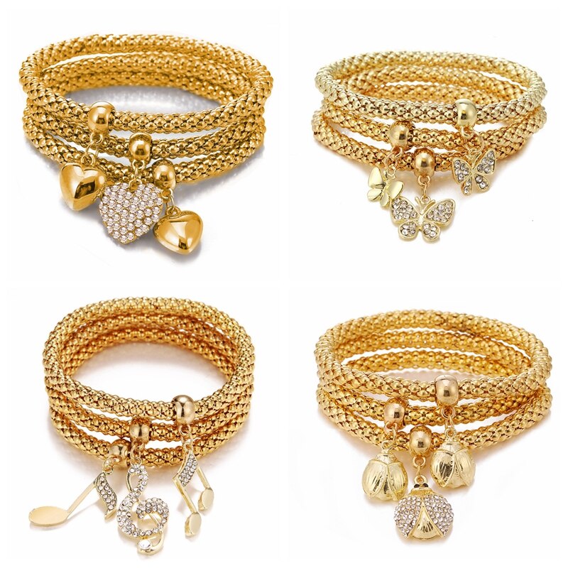 Victoriasvogue 3Pcs/Set Crystal Alloy Bracelet Love Butterfly Musical Note Beetle Chain Bracelet Cute Jewelry Accessories for Women