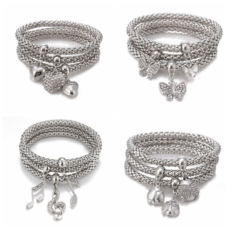 Victoriasvogue 3Pcs/Set Crystal Alloy Bracelet Love Butterfly Musical Note Beetle Chain Bracelet Cute Jewelry Accessories for Women