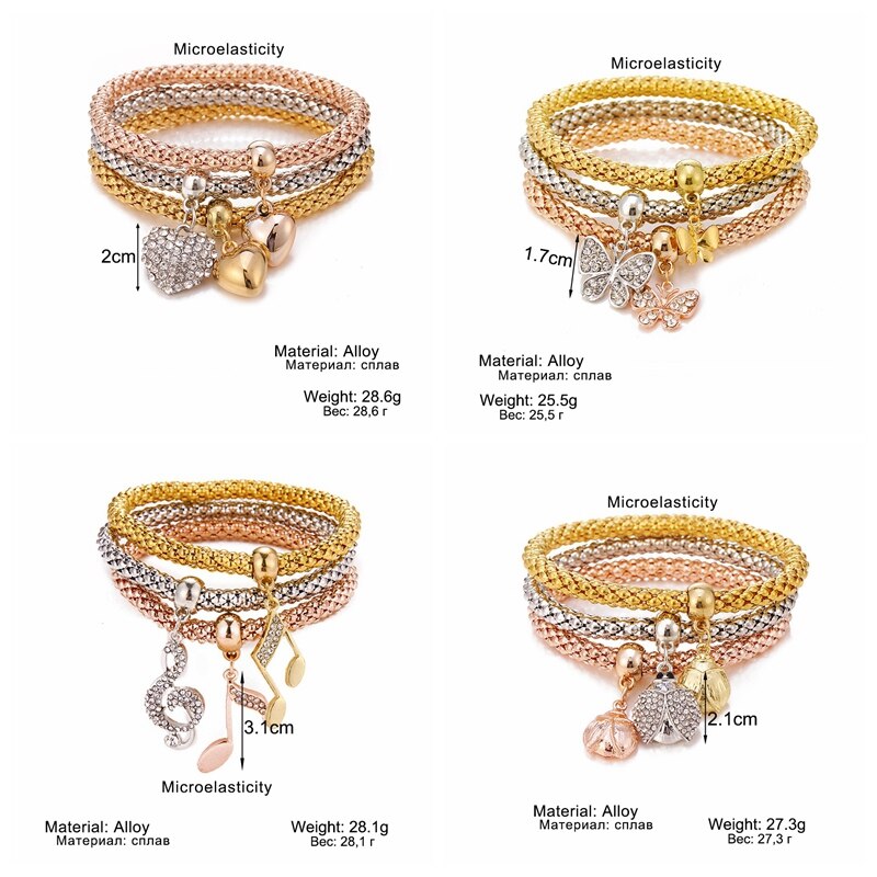 Victoriasvogue 3Pcs/Set Crystal Alloy Bracelet Love Butterfly Musical Note Beetle Chain Bracelet Cute Jewelry Accessories for Women