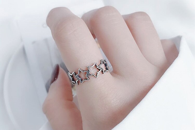 Victoria's Vogue New Retro Hollow Five-pointed Star 925 Sterling Silver Jewelry Not Allergic Personality Fresh Opening Rings