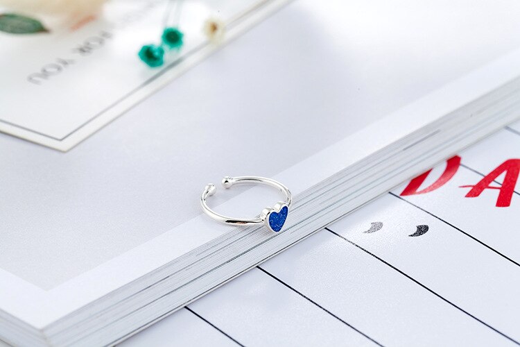Victoria's Vogue Simple Temperament Korean Style Fashion 925 Sterling Silver Jewelry Personality Epoxy Blue Love Heart Shaped Opening Rings Victoria's Vogue Simple Temperament Korean Style Fashion 925 Sterling Silver Jewelry Personality Epoxy Blue Love Heart Shaped Opening Rings