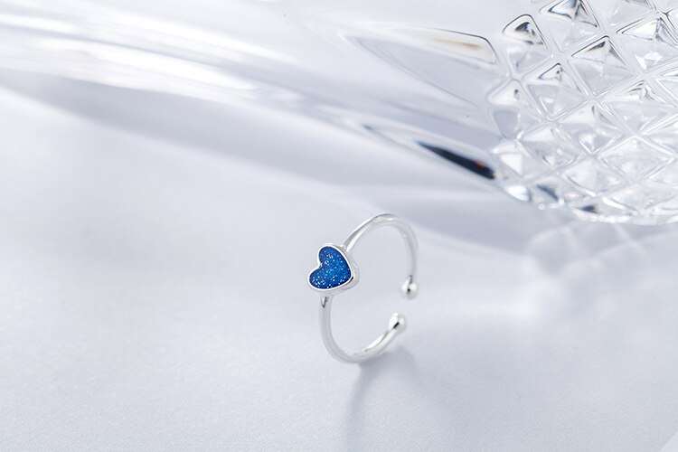 Victoria's Vogue Simple Temperament Korean Style Fashion 925 Sterling Silver Jewelry Personality Epoxy Blue Love Heart Shaped Opening Rings