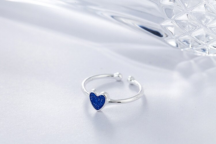 Victoria's Vogue Simple Temperament Korean Style Fashion 925 Sterling Silver Jewelry Personality Epoxy Blue Love Heart Shaped Opening Rings Victoria's Vogue Simple Temperament Korean Style Fashion 925 Sterling Silver Jewelry Personality Epoxy Blue Love Heart Shaped Opening Rings