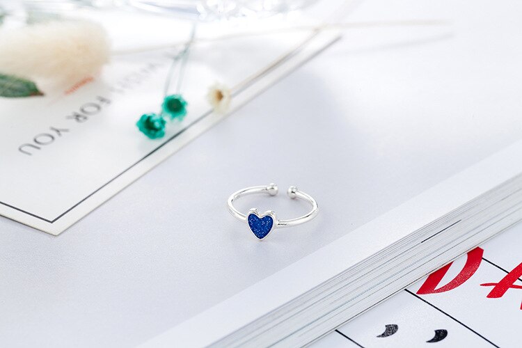 Victoria's Vogue Simple Temperament Korean Style Fashion 925 Sterling Silver Jewelry Personality Epoxy Blue Love Heart Shaped Opening Rings