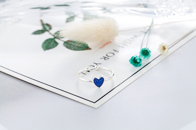 Victoria's Vogue Simple Temperament Korean Style Fashion 925 Sterling Silver Jewelry Personality Epoxy Blue Love Heart Shaped Opening Rings