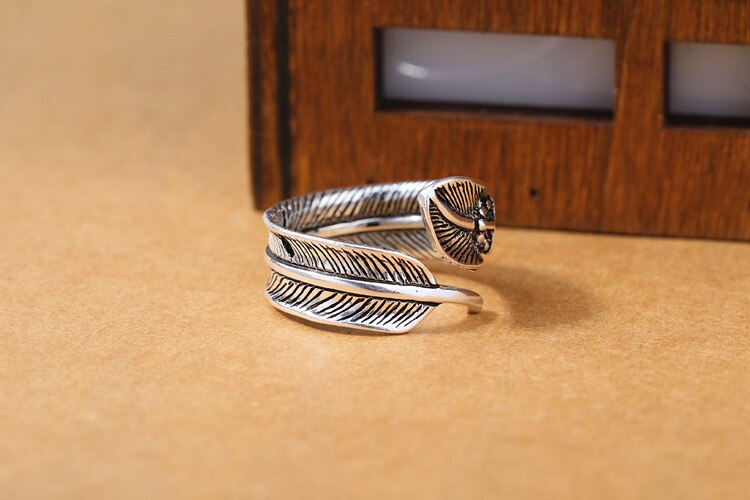 Victoria's Vogue New European Style Atmosphere 925 Sterling Silver Jewelry Feather Cross Personality Big Leaf Opening Rings