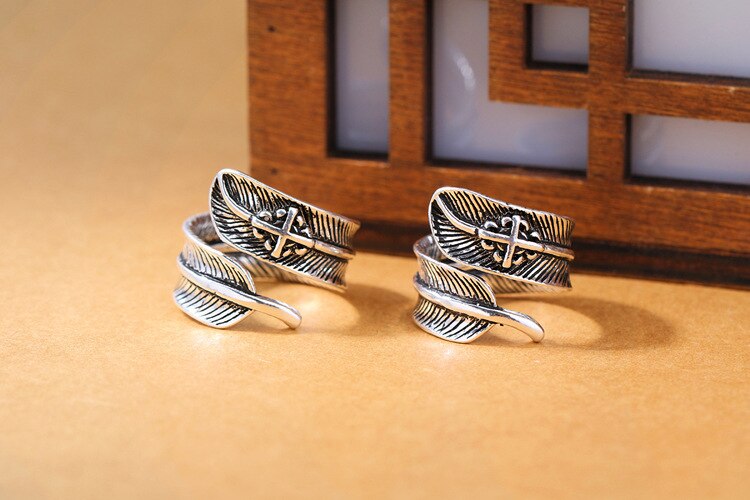 Victoria's Vogue New European Style Atmosphere 925 Sterling Silver Jewelry Feather Cross Personality Big Leaf Opening Rings
