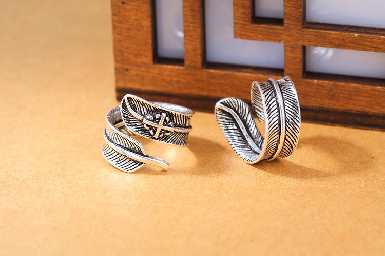 Victoria's Vogue New European Style Atmosphere 925 Sterling Silver Jewelry Feather Cross Personality Big Leaf Opening Rings