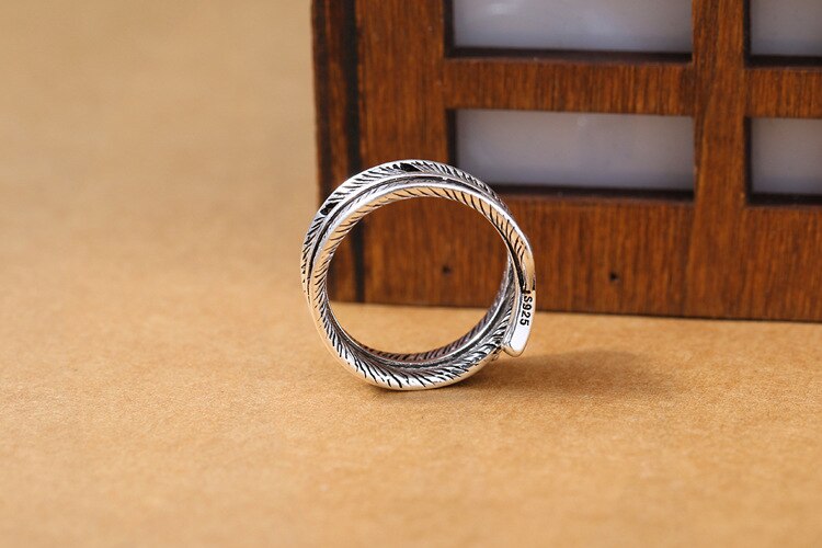 Victoria's Vogue New European Style Atmosphere 925 Sterling Silver Jewelry Feather Cross Personality Big Leaf Opening Rings