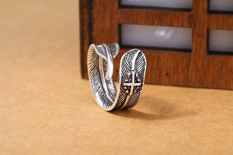 Victoria's Vogue New European Style Atmosphere 925 Sterling Silver Jewelry Feather Cross Personality Big Leaf Opening Rings