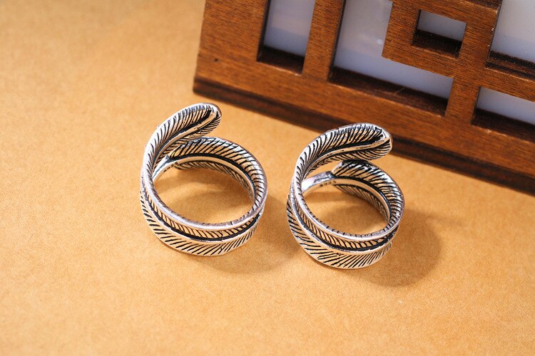 Victoria's Vogue New European Style Atmosphere 925 Sterling Silver Jewelry Feather Cross Personality Big Leaf Opening Rings