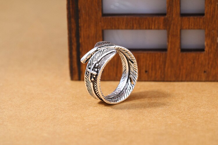 Victoria's Vogue New European Style Atmosphere 925 Sterling Silver Jewelry Feather Cross Personality Big Leaf Opening Rings