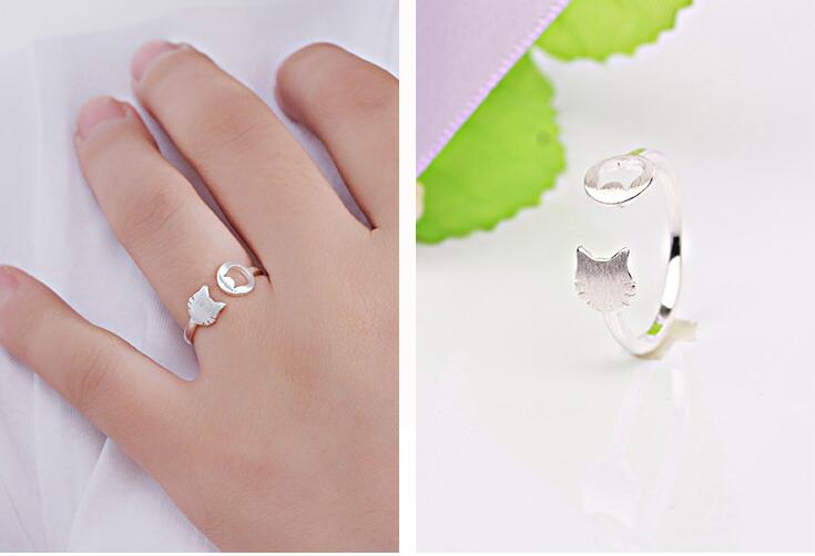 Victoria's Vogue New Fashion Beautiful 925 Sterling Silver Jewelry Cute Creative Small Fresh Cat Hollow Asymmetric Opening Rings
