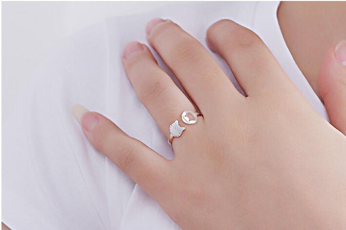 Victoria's Vogue New Fashion Beautiful 925 Sterling Silver Jewelry Cute Creative Small Fresh Cat Hollow Asymmetric Opening Rings