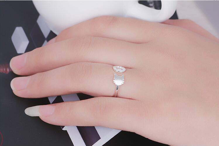 Victoria's Vogue New Fashion Beautiful 925 Sterling Silver Jewelry Cute Creative Small Fresh Cat Hollow Asymmetric Opening Rings