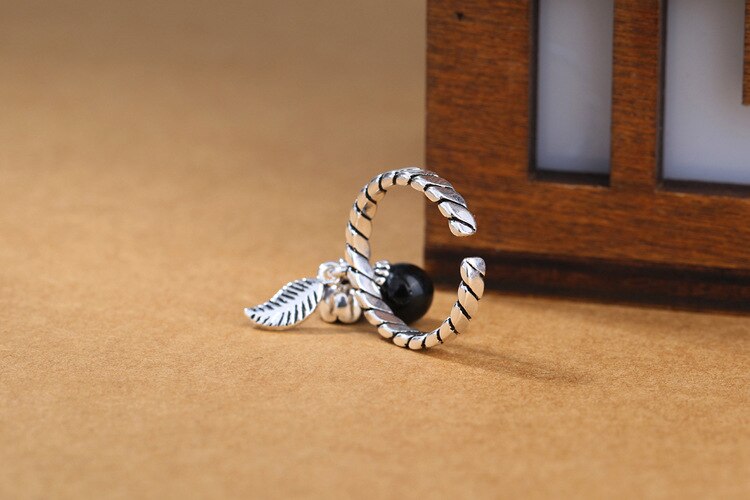 Victoria's Vogue New Fashion Black Agare Bell Leaves 925 Sterling Silver Jewelry Personality Retro Transfer Leaf Sweet Gift Opening Rings