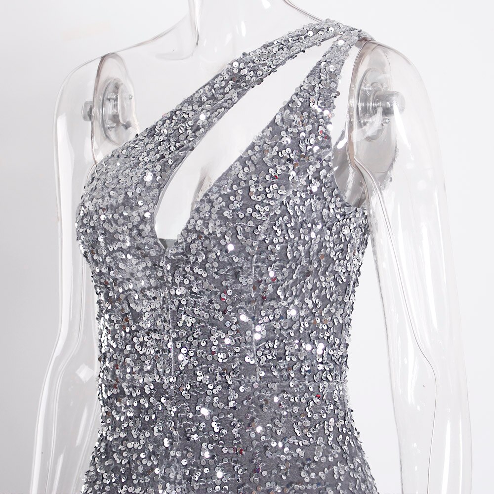 victoria'svogue 2021 Sexy Hole Cut out Grey Sparkle Sequins Maxi Dress ...
