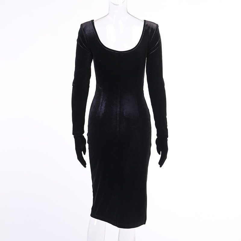 victoria’s vogue Black Velvet Sexy Split Dresses Gloves Sleeve Fashion ...