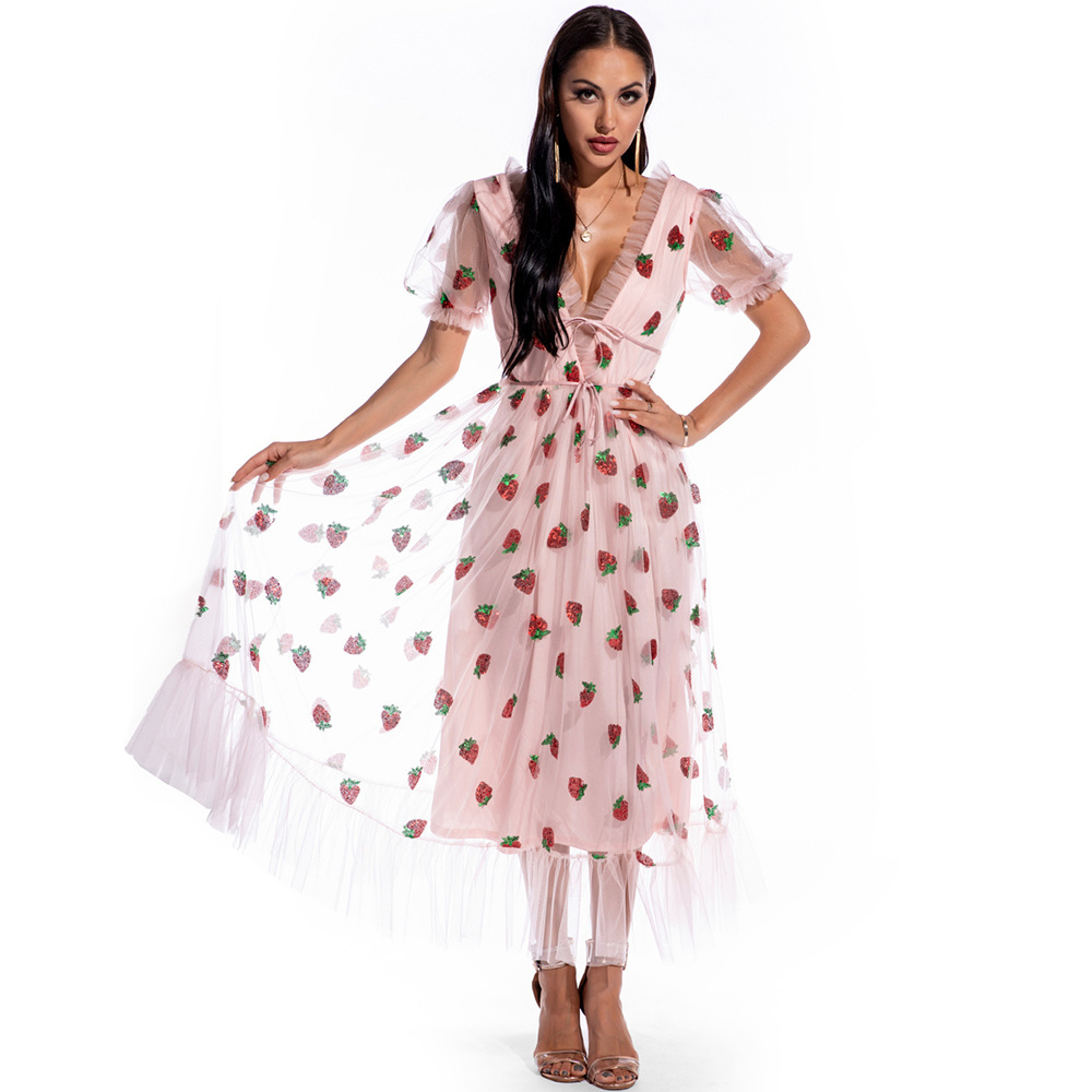 victoria's vogue Sexy Pink strawberry Maxi Sequin party Dress women ...