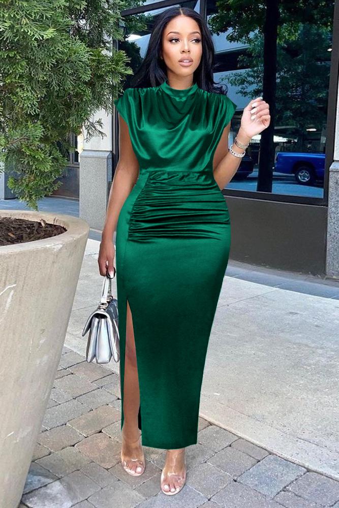 victoria’s vogue Women Shiny Long Dress Pleated Long Green Elegant Slit ...