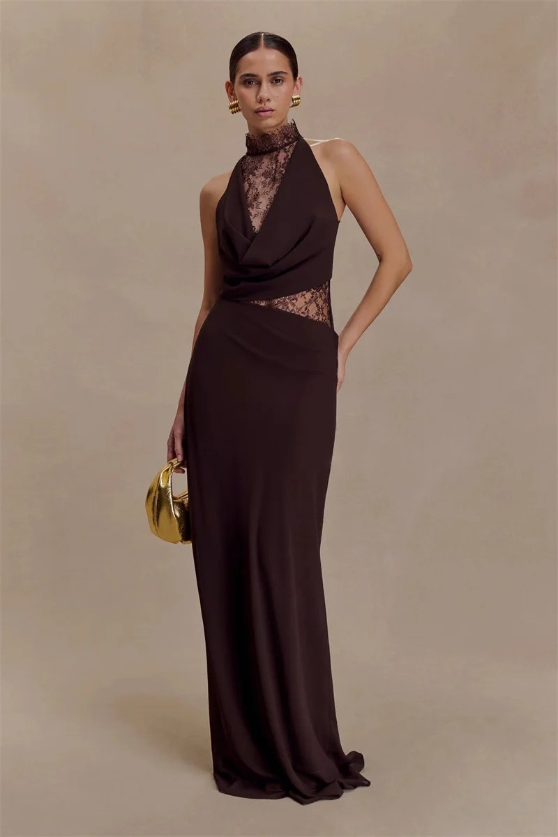 Victoria's Vogue Lace Hollow Out Backless Sexy Maxi Dress Women Gown Elegant Sleeveless High Waist Ruched Bodycon Club Party Long Dress