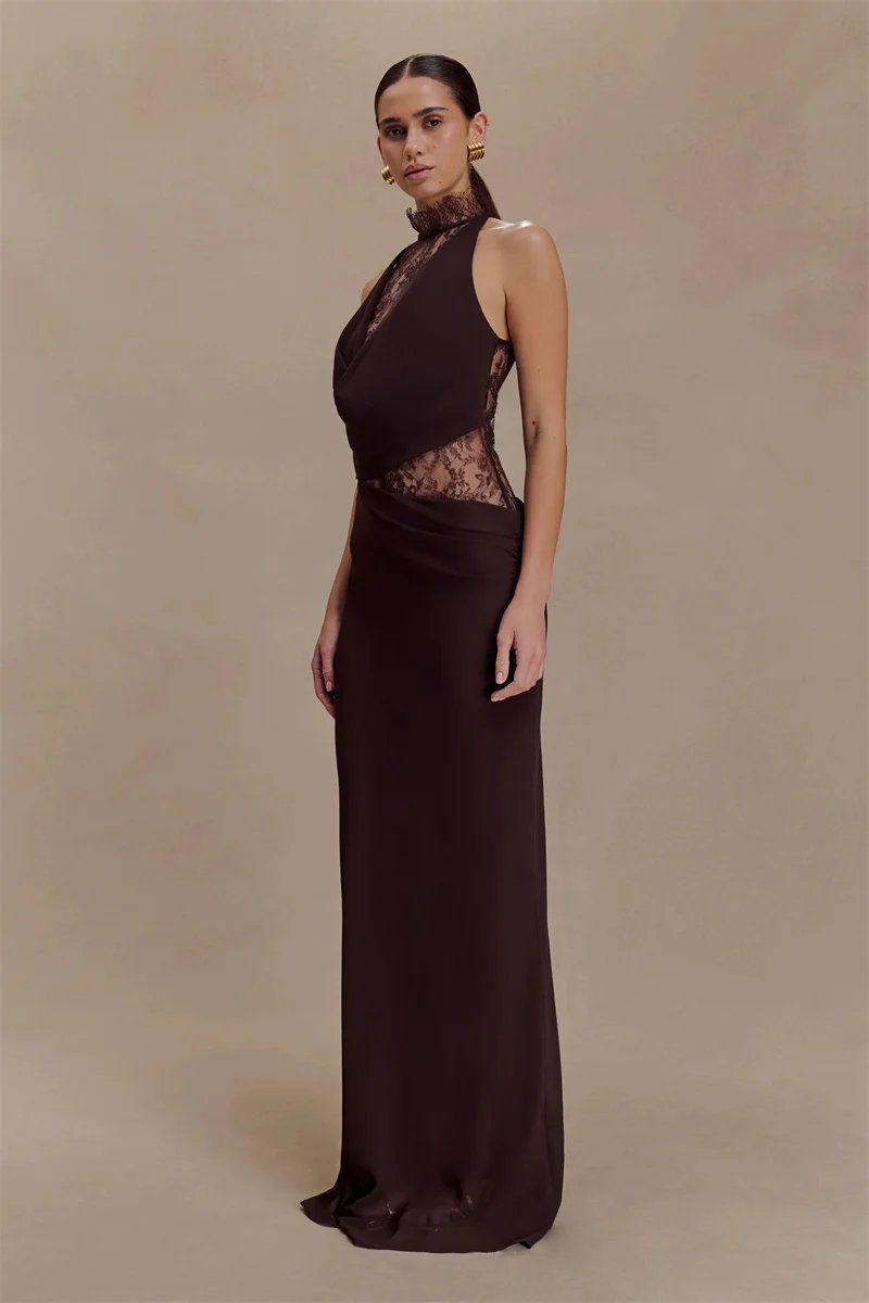 Victoria's Vogue Lace Hollow Out Backless Sexy Maxi Dress Women Gown Elegant Sleeveless High Waist Ruched Bodycon Club Party Long Dress