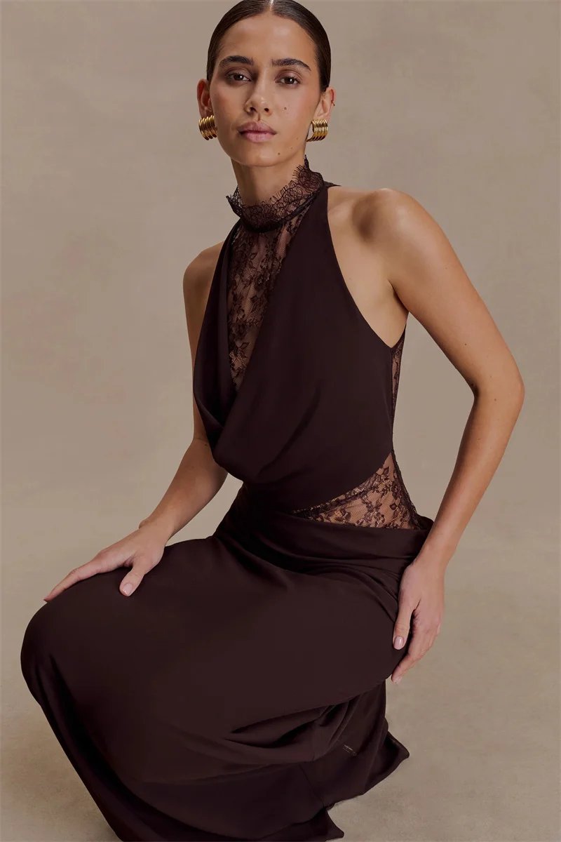 Victoria's Vogue Lace Hollow Out Backless Sexy Maxi Dress Women Gown Elegant Sleeveless High Waist Ruched Bodycon Club Party Long Dress