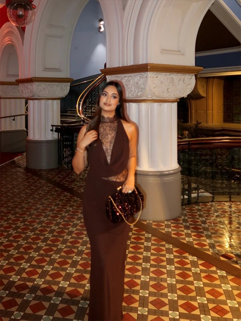 Victoria's Vogue Lace Hollow Out Backless Sexy Maxi Dress Women Gown Elegant Sleeveless High Waist Ruched Bodycon Club Party Long Dress