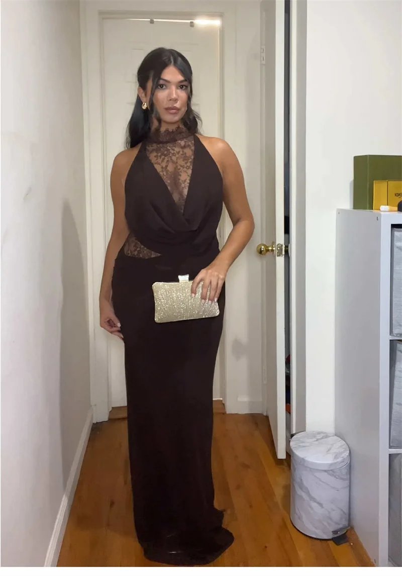 Victoria's Vogue Lace Hollow Out Backless Sexy Maxi Dress Women Gown Elegant Sleeveless High Waist Ruched Bodycon Club Party Long Dress